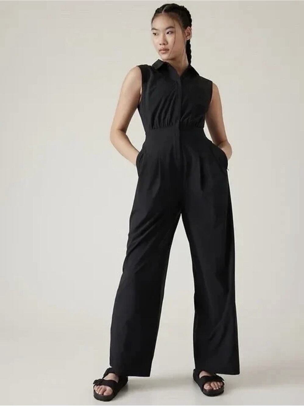 ATHLETA Brooklyn Heights Wide Leg Jumpsuit 14 Black Sleeveless Zip Up 534779